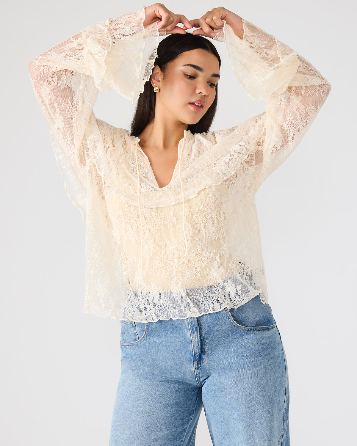 SAYLOR Cream Long-Sleeved Ruffle Mesh Lace Women's Top | Steve Madden US
