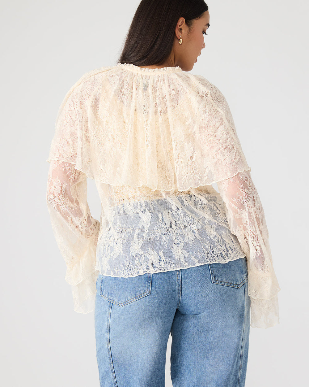 SAYLOR Cream Long-Sleeved Ruffle Mesh Lace Women's Top | Steve Madden US