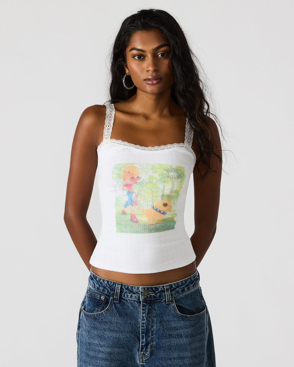 LOVE GOLDIE Antique Lace Trim Sleeveless Graphic Women's Tank Top | Steve Madden Sale
