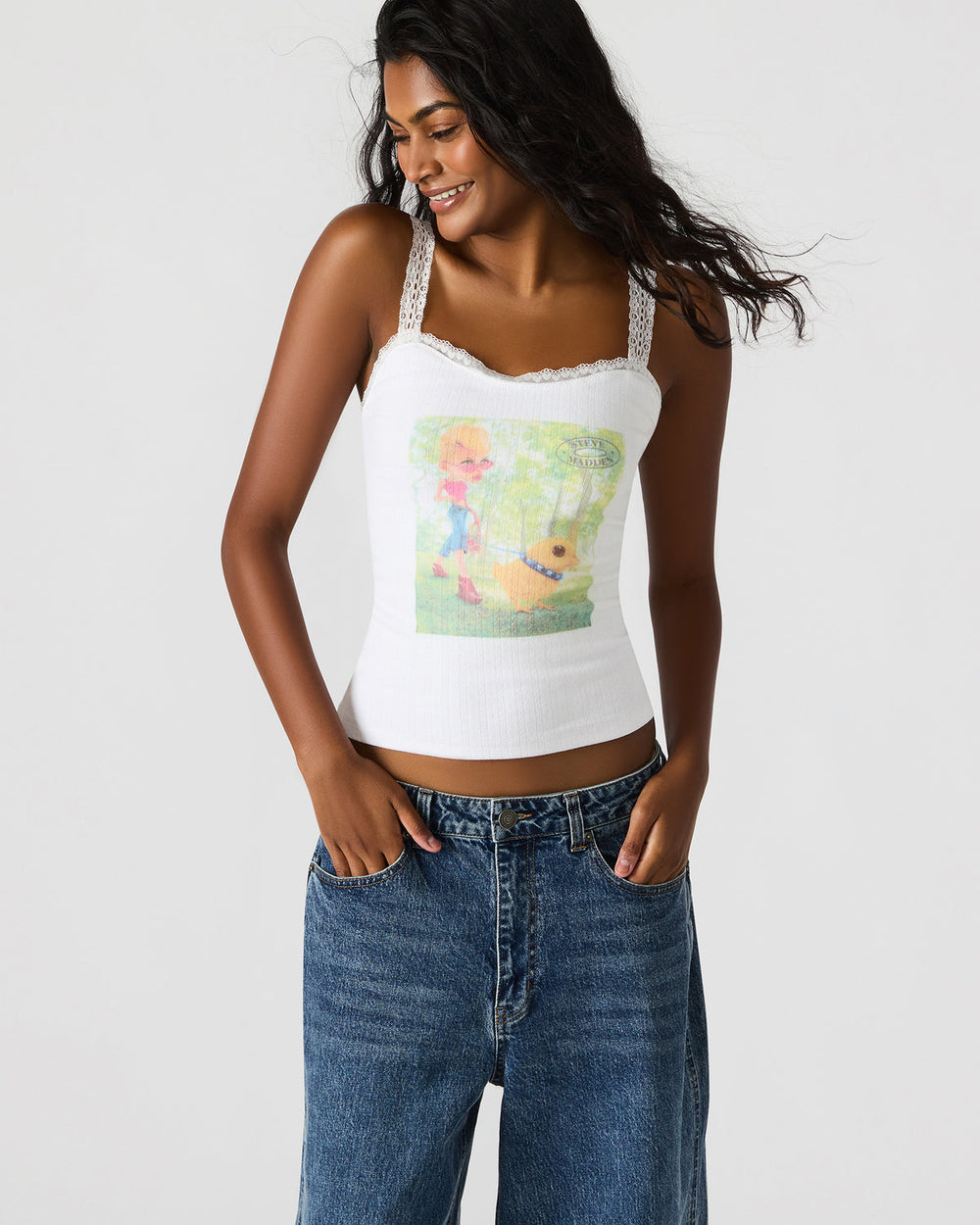LOVE GOLDIE Antique Lace Trim Sleeveless Graphic Women's Tank Top | Steve Madden Sale
