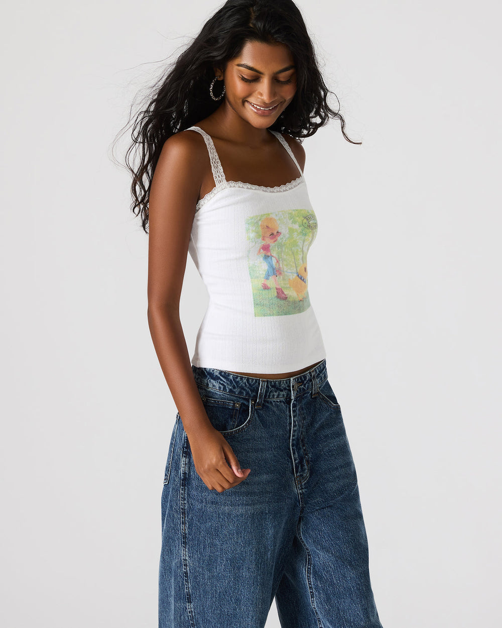 LOVE GOLDIE Antique Lace Trim Sleeveless Graphic Women's Tank Top | Steve Madden Sale
