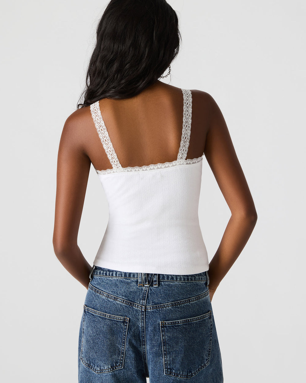 LOVE GOLDIE Antique Lace Trim Sleeveless Graphic Women's Tank Top | Steve Madden Sale
