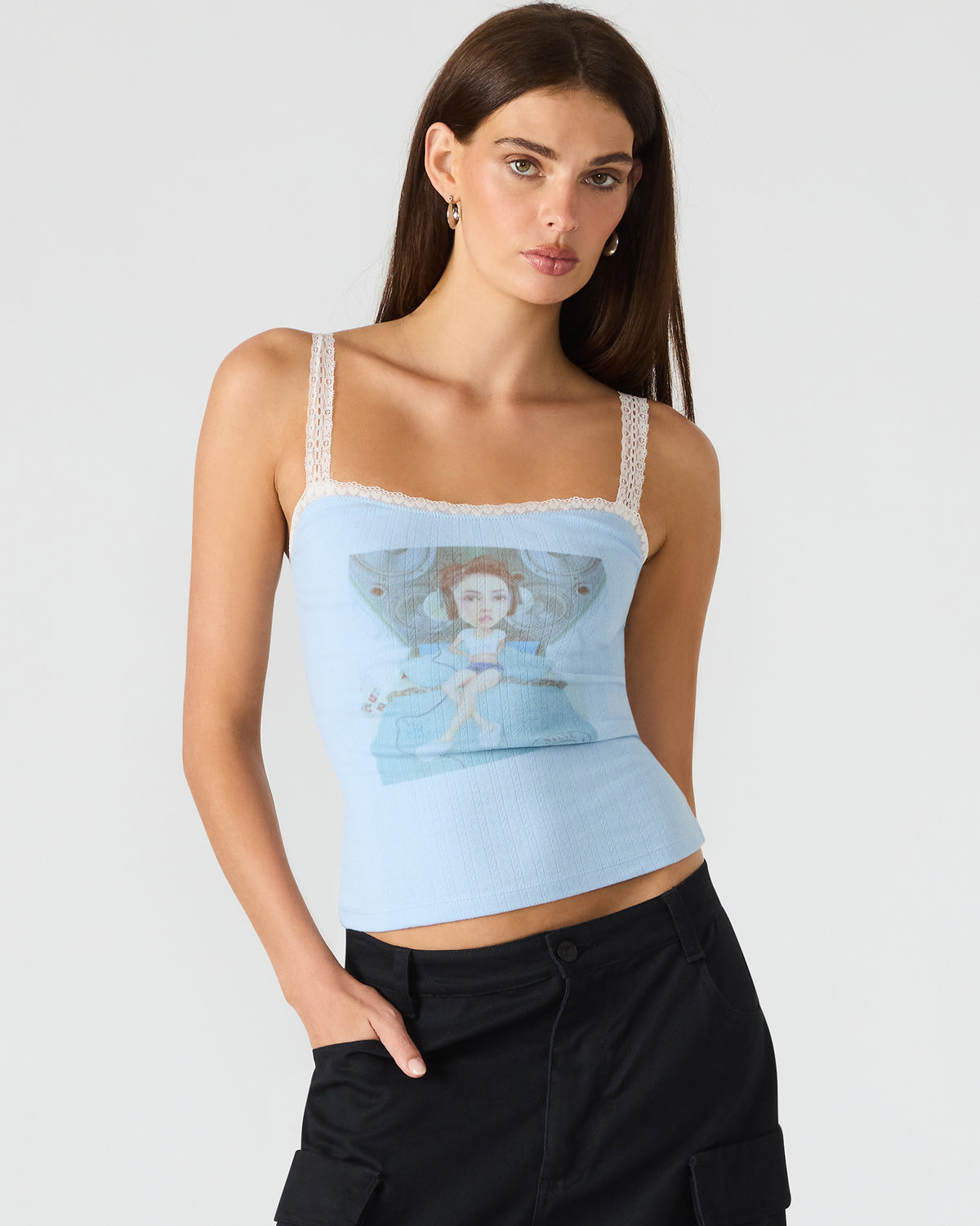 LOVE GOLDIE Surf Blue Lace Trim Sleeveless Graphic Women's Tank Top | Steve Madden for Sale