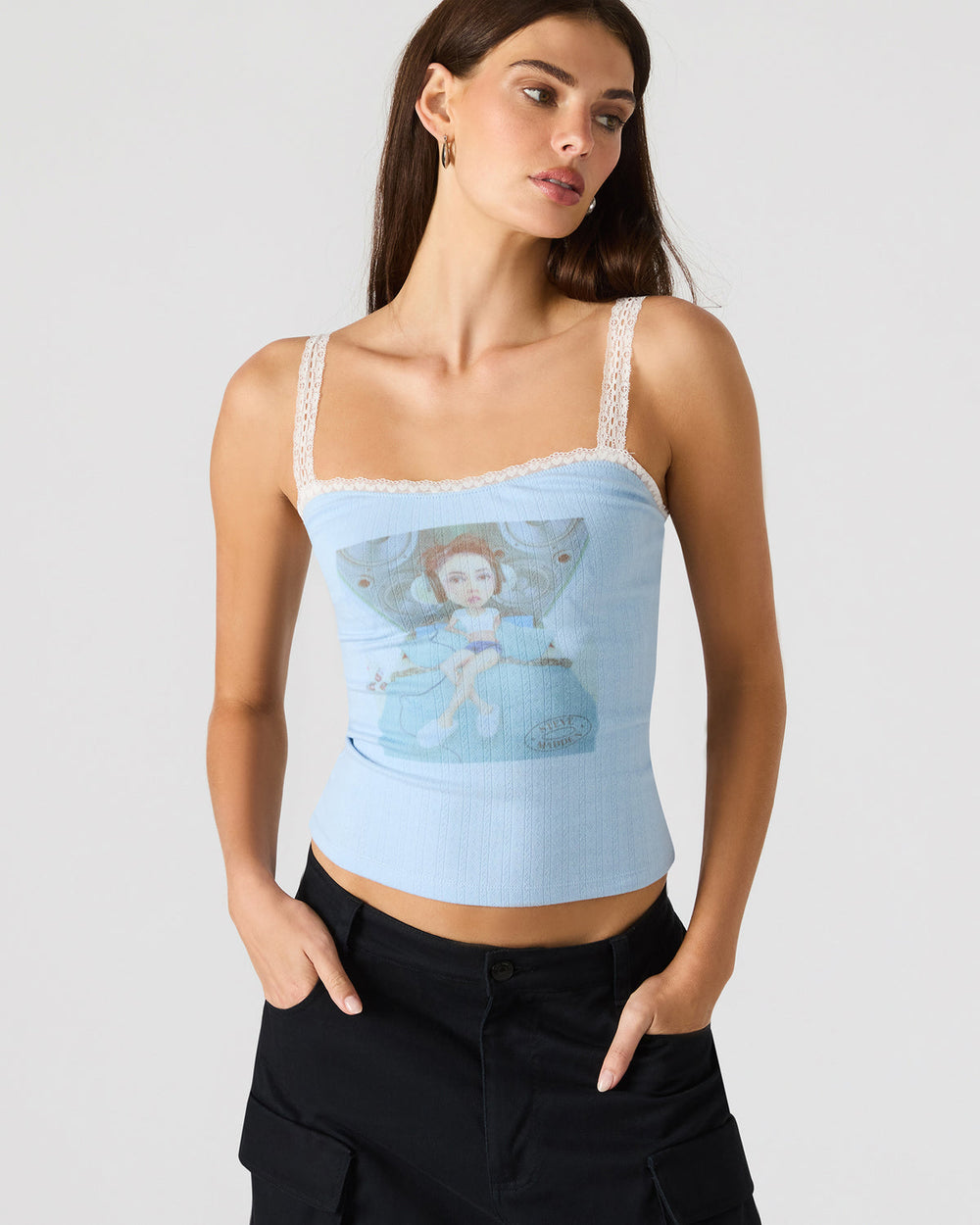 LOVE GOLDIE Surf Blue Lace Trim Sleeveless Graphic Women's Tank Top | Steve Madden for Sale