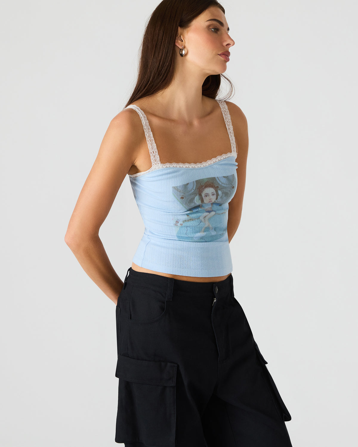 LOVE GOLDIE Surf Blue Lace Trim Sleeveless Graphic Women's Tank Top | Steve Madden for Sale