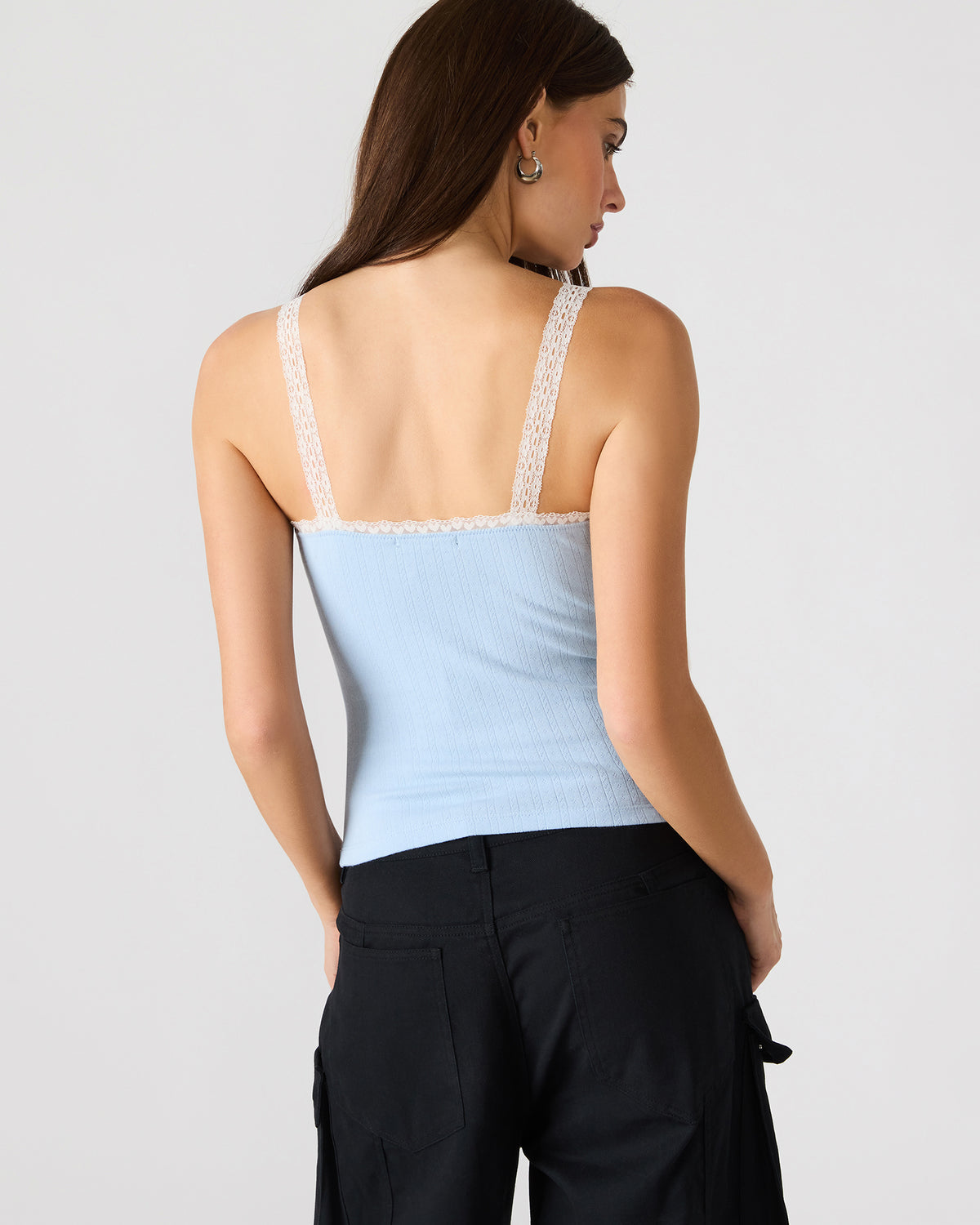 LOVE GOLDIE Surf Blue Lace Trim Sleeveless Graphic Women's Tank Top | Steve Madden for Sale