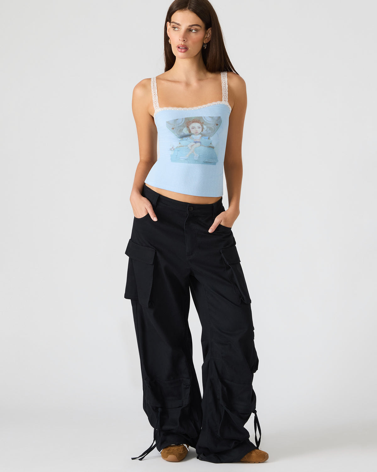 LOVE GOLDIE Surf Blue Lace Trim Sleeveless Graphic Women's Tank Top | Steve Madden for Sale