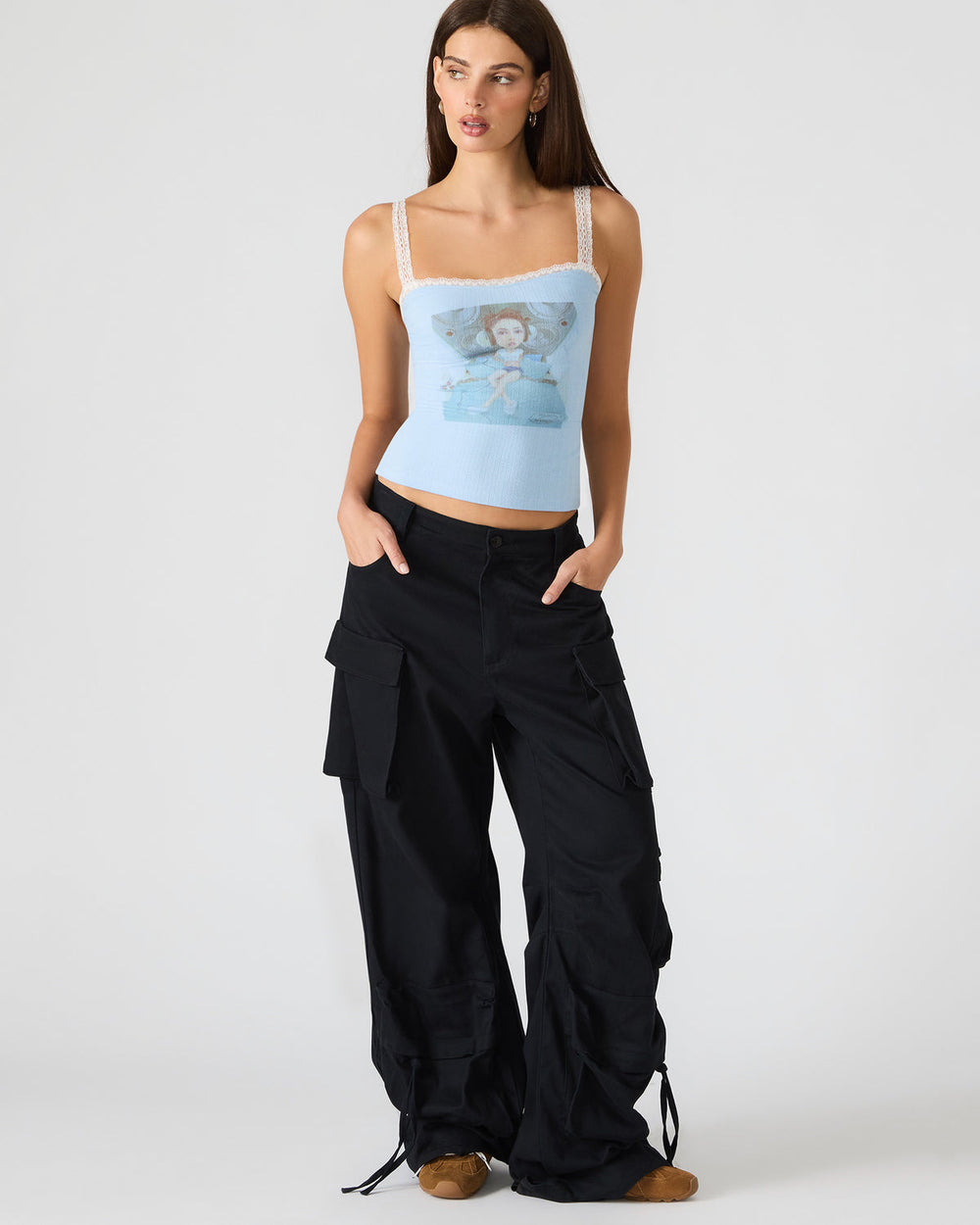 LOVE GOLDIE Surf Blue Lace Trim Sleeveless Graphic Women's Tank Top | Steve Madden for Sale