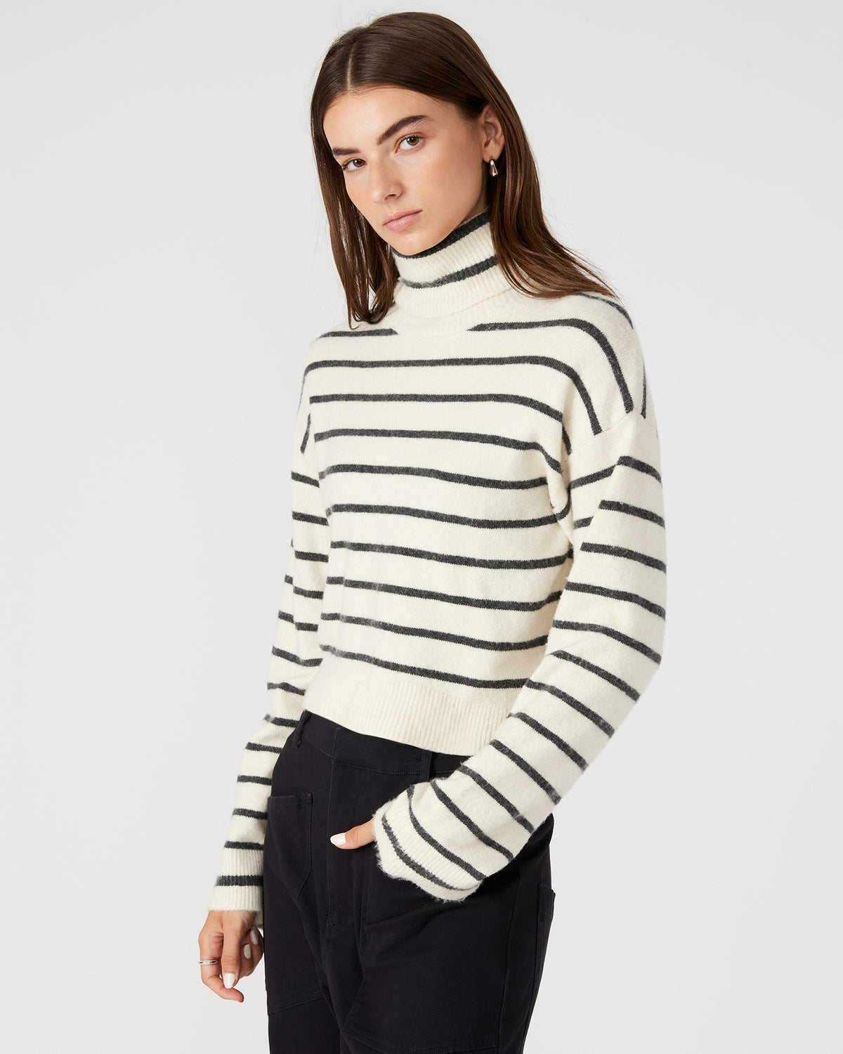 NARSHA Black/White Women's Turtleneck Stripe Sweater | Steve Madden on Sale