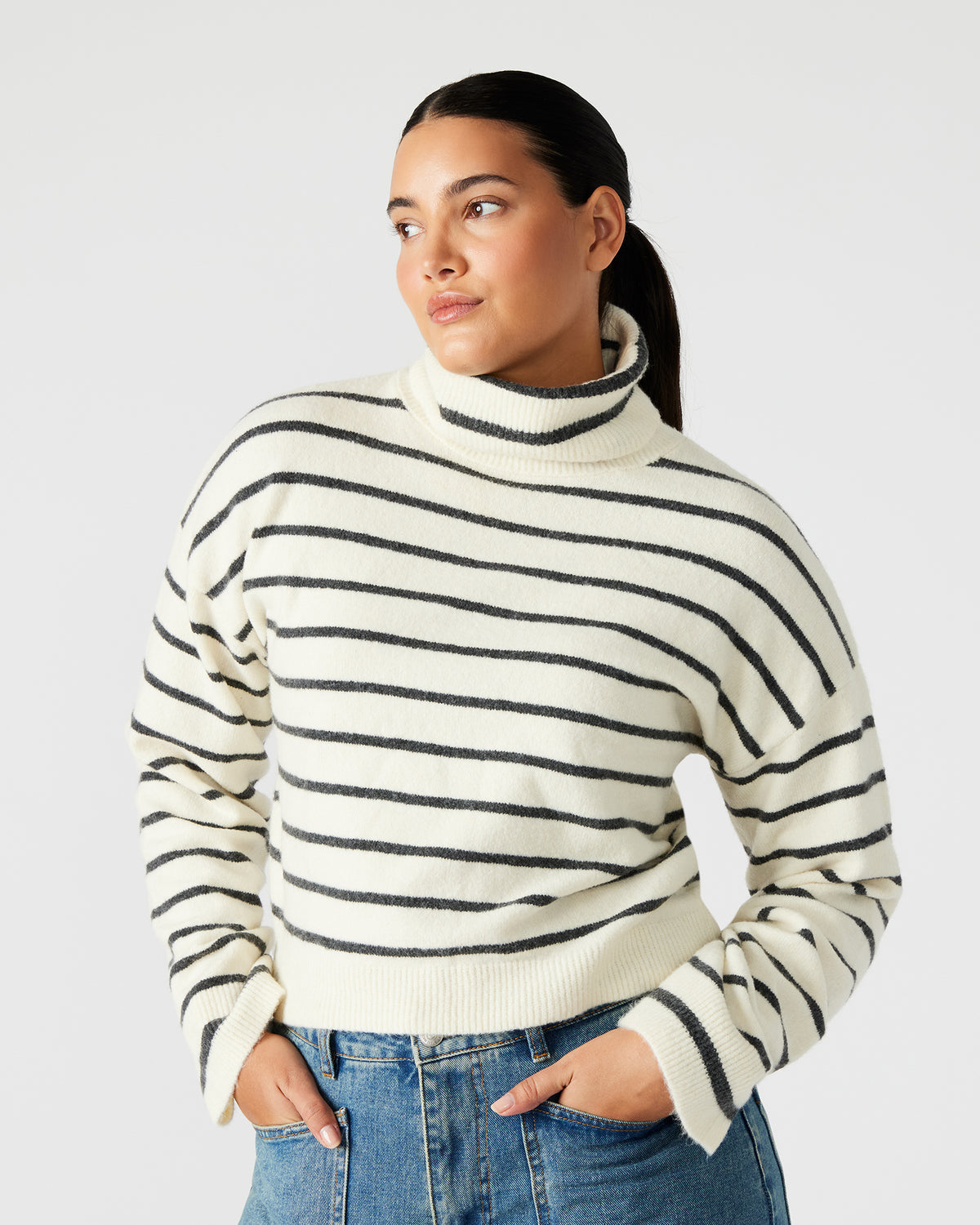 NARSHA Black/White Women's Turtleneck Stripe Sweater | Steve Madden on Sale
