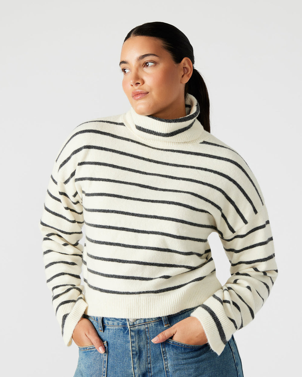 NARSHA Black/White Women's Turtleneck Stripe Sweater | Steve Madden on Sale