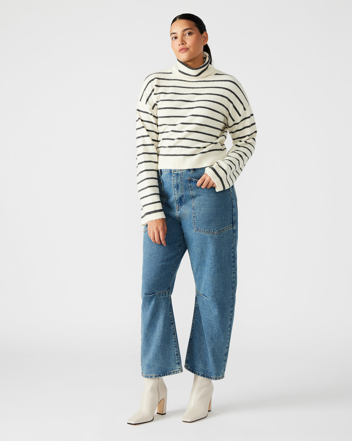 NARSHA Black/White Women's Turtleneck Stripe Sweater | Steve Madden on Sale