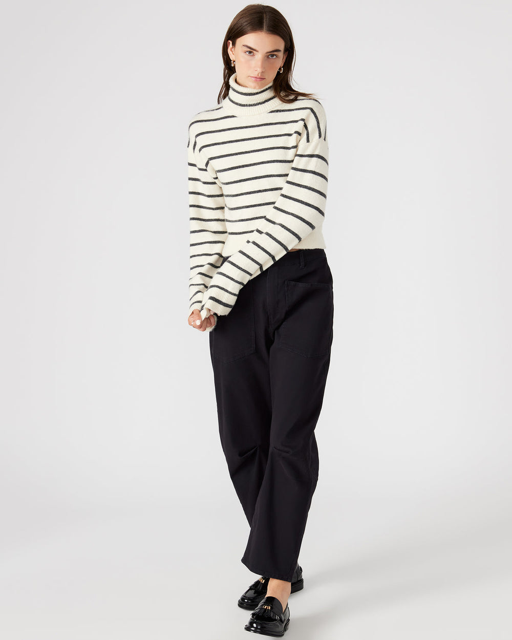 NARSHA Black/White Women's Turtleneck Stripe Sweater | Steve Madden on Sale