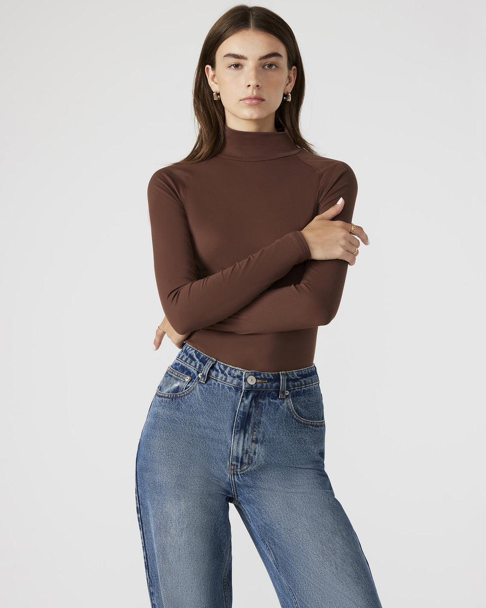 NELLE Bodysuit Brown | Women's Mock Neck Stretch Bodysuit | Steve Madden near me