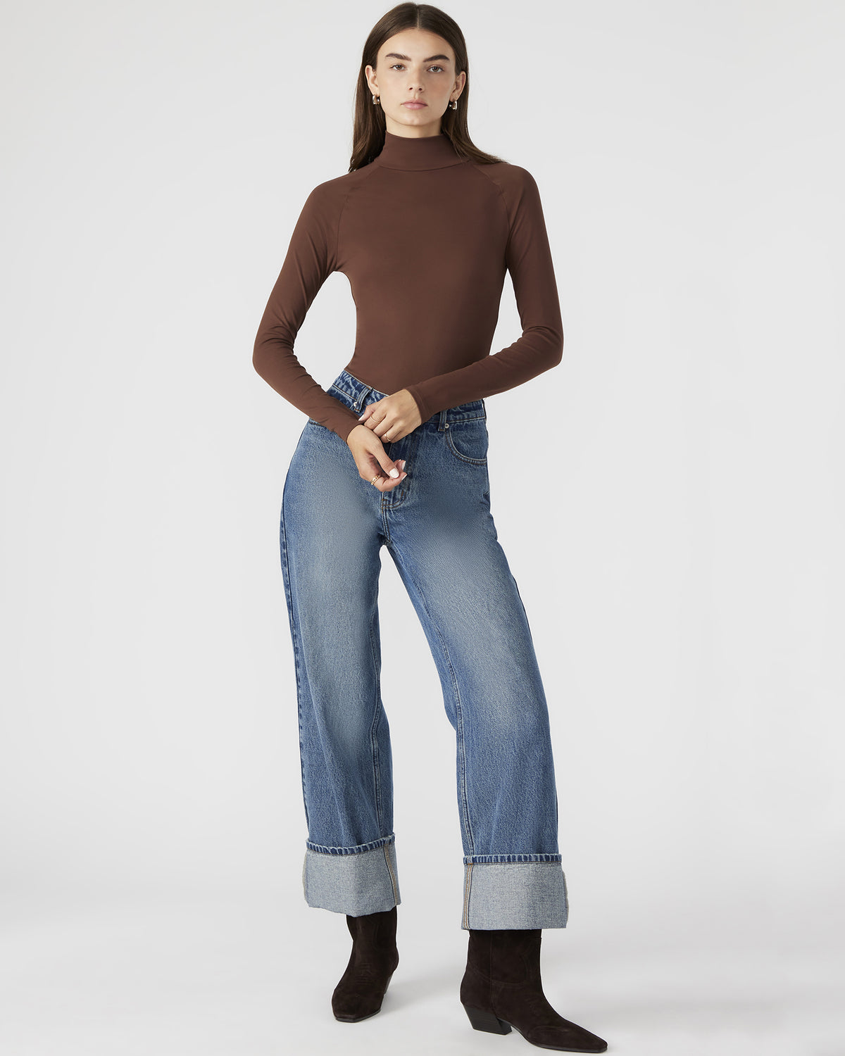 NELLE Bodysuit Brown | Women's Mock Neck Stretch Bodysuit | Steve Madden near me