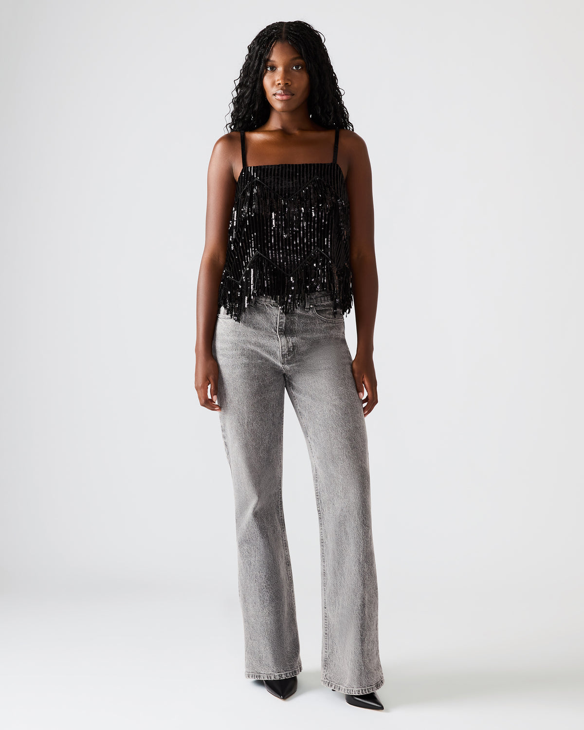 BLAKELYN Sequin Black Fringe Embellished Women's Top | Steve Madden discount