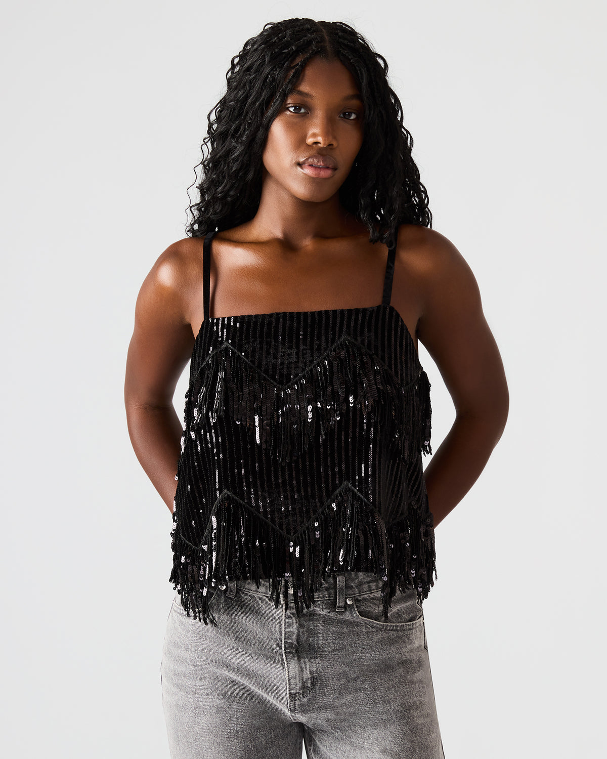 BLAKELYN Sequin Black Fringe Embellished Women's Top | Steve Madden discount