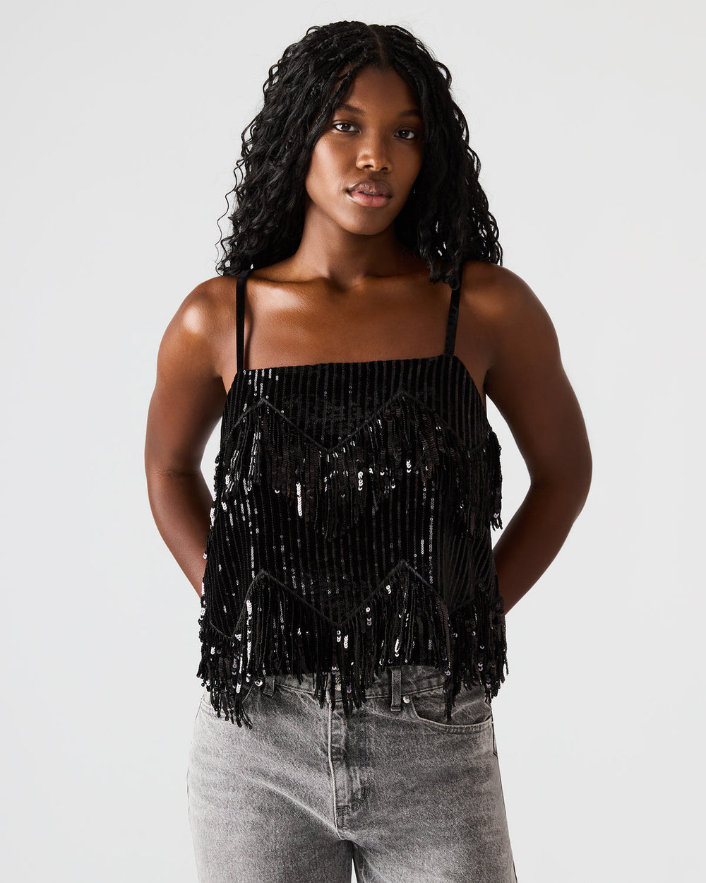 BLAKELYN Sequin Black Fringe Embellished Women's Top | Steve Madden discount