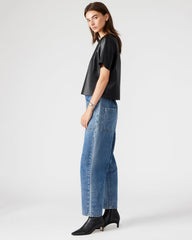 EZRA Black Women's Short Sleeve Faux Leather Top | Steve Madden Sale