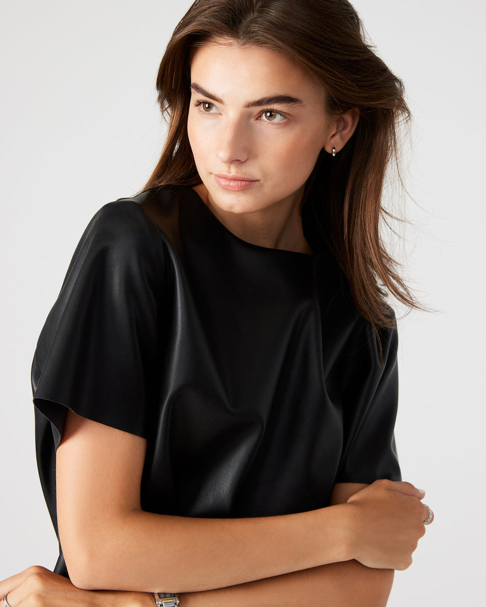 EZRA Black Women's Short Sleeve Faux Leather Top | Steve Madden Sale