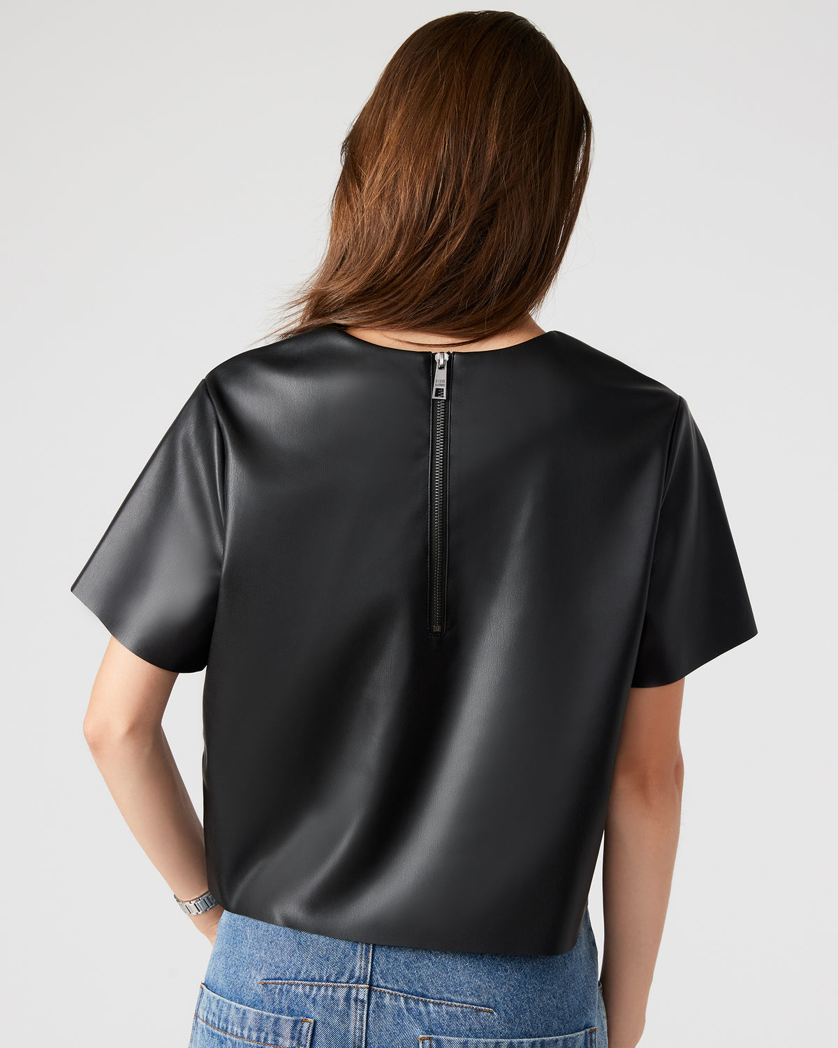 EZRA Black Women's Short Sleeve Faux Leather Top | Steve Madden Sale