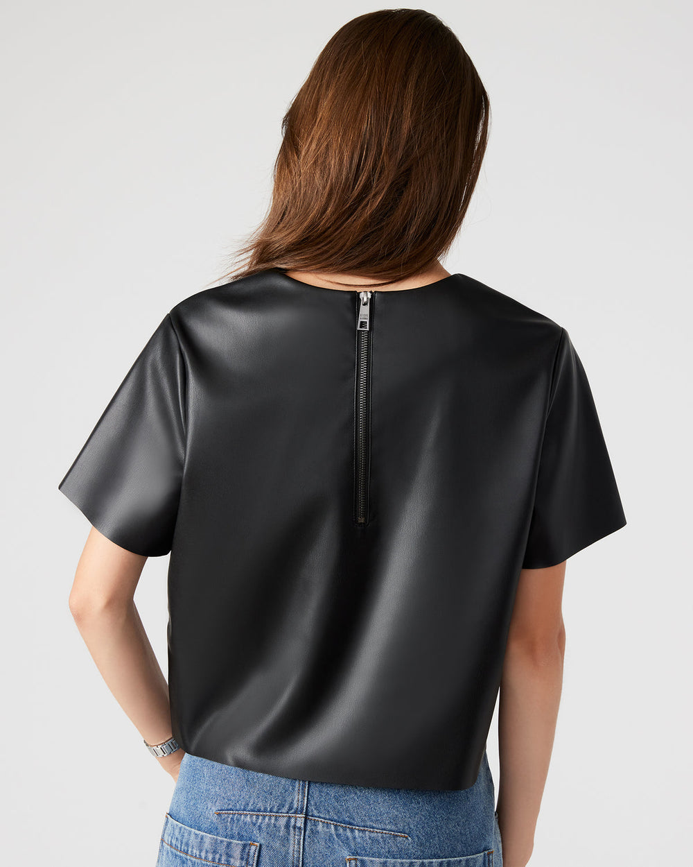 EZRA Black Women's Short Sleeve Faux Leather Top | Steve Madden Sale