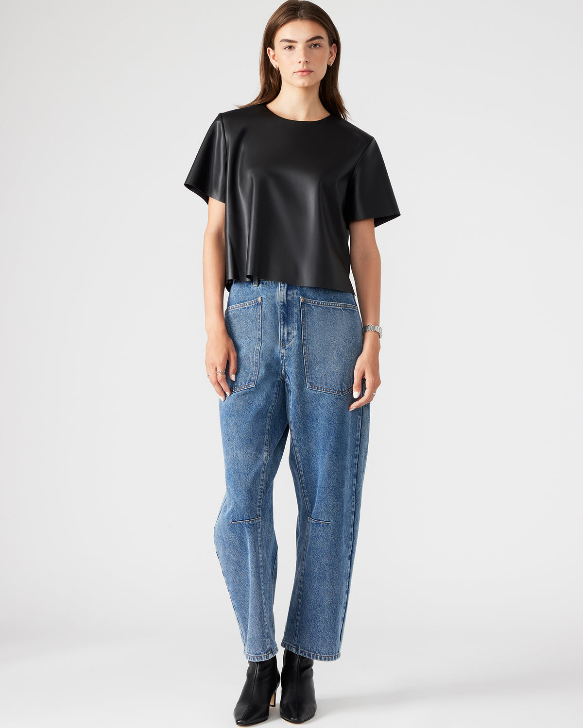 EZRA Black Women's Short Sleeve Faux Leather Top | Steve Madden Sale