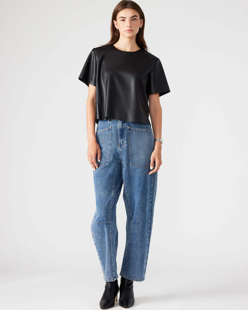 EZRA Black Women's Short Sleeve Faux Leather Top | Steve Madden Sale