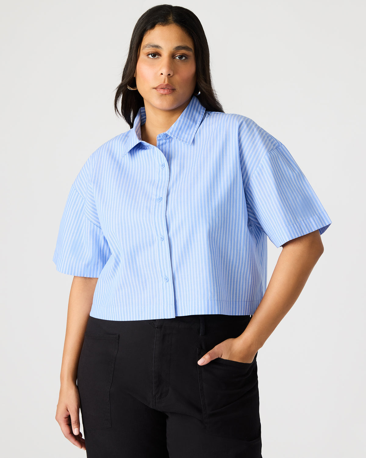 TULA Blue/White Women's Collared Button-Up Pinstripe Top | Steve Madden on Sale