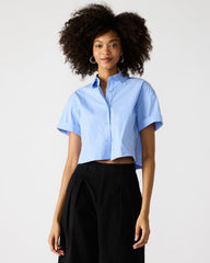 TULA Blue/White Women's Collared Button-Up Pinstripe Top | Steve Madden on Sale