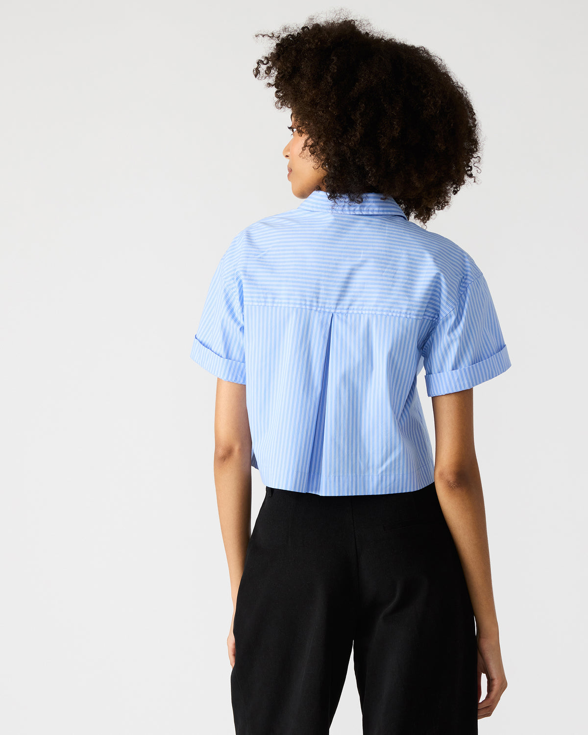 TULA Blue/White Women's Collared Button-Up Pinstripe Top | Steve Madden on Sale
