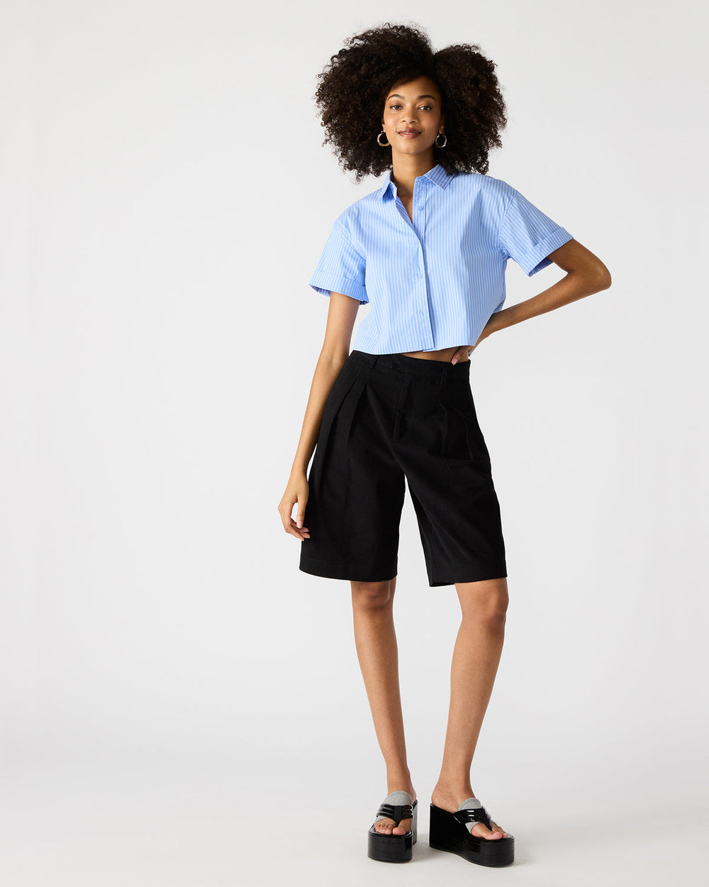 TULA Blue/White Women's Collared Button-Up Pinstripe Top | Steve Madden on Sale