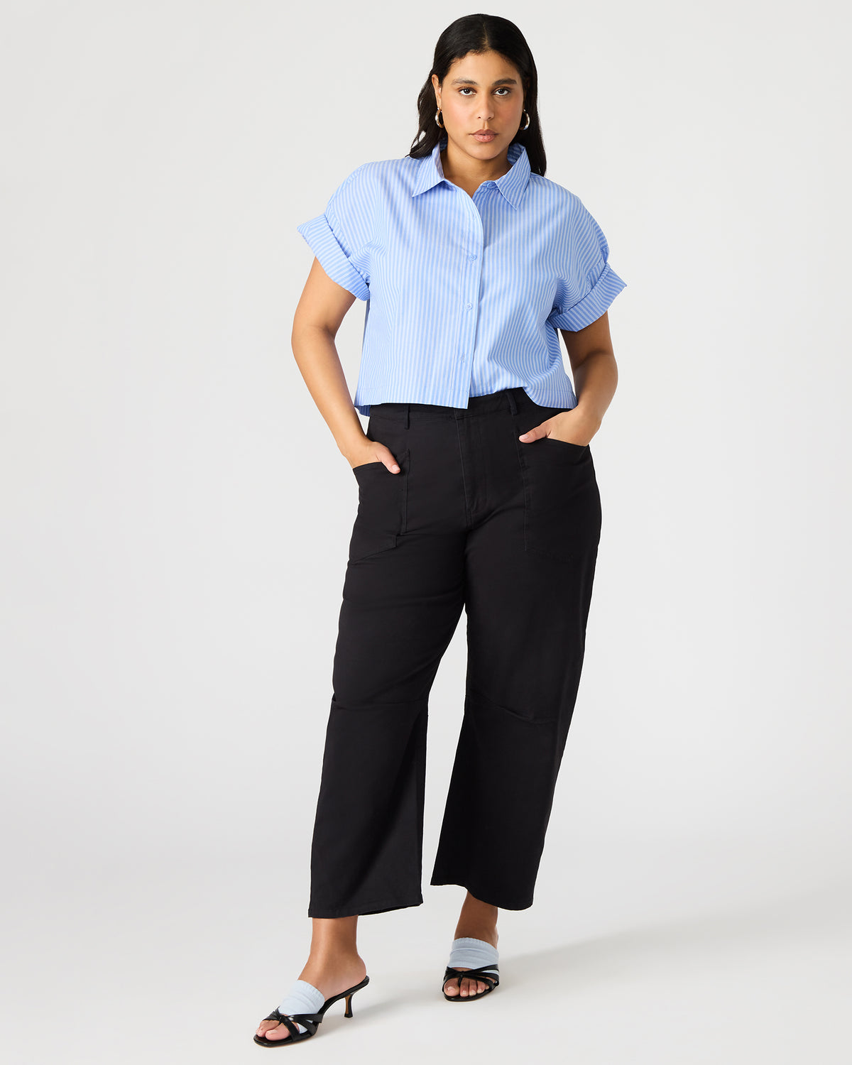 TULA Blue/White Women's Collared Button-Up Pinstripe Top | Steve Madden on Sale