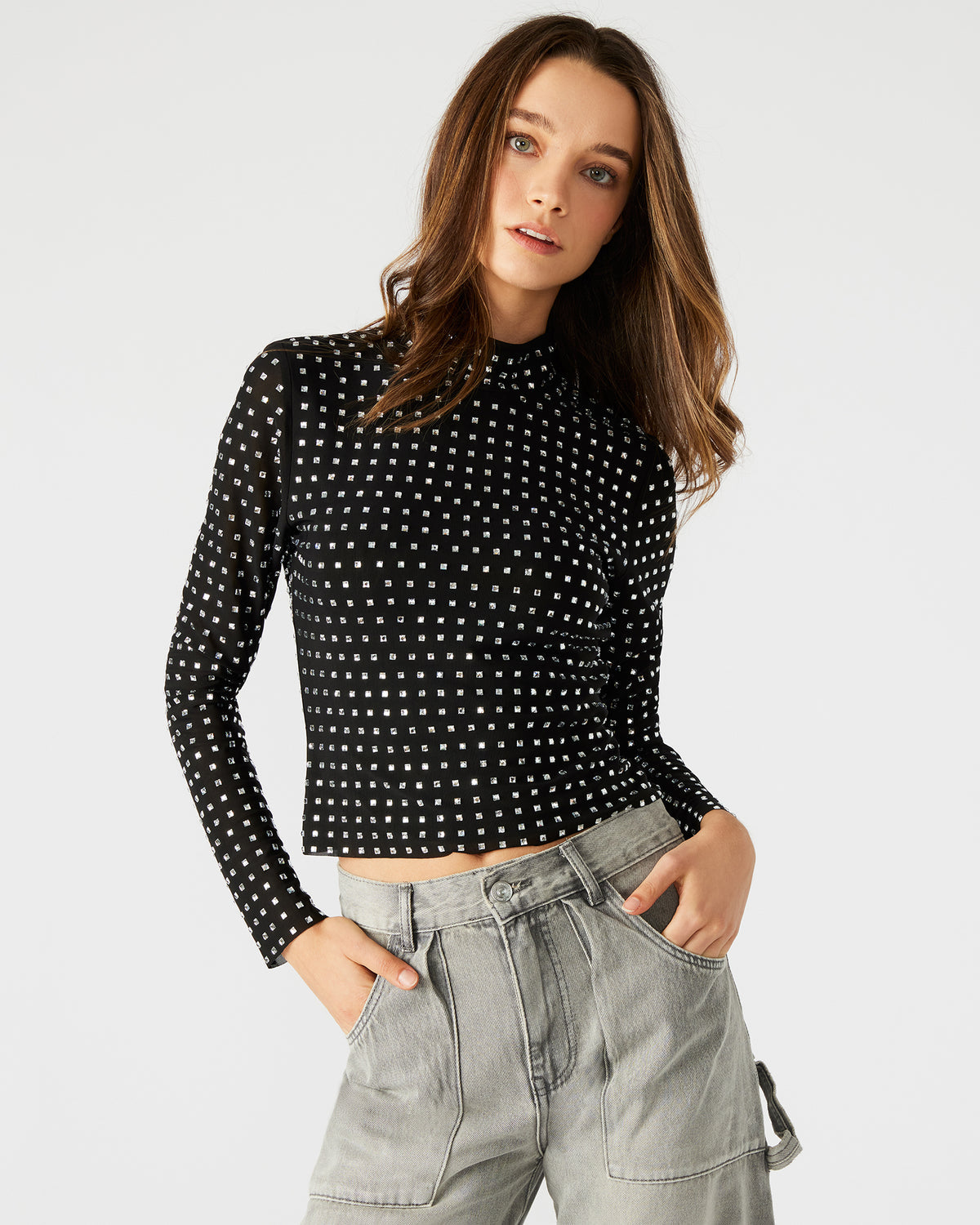 MELVINA Top Black | Women's Long-Sleeved Mesh Fabric Embellished Top | Steve Madden near me