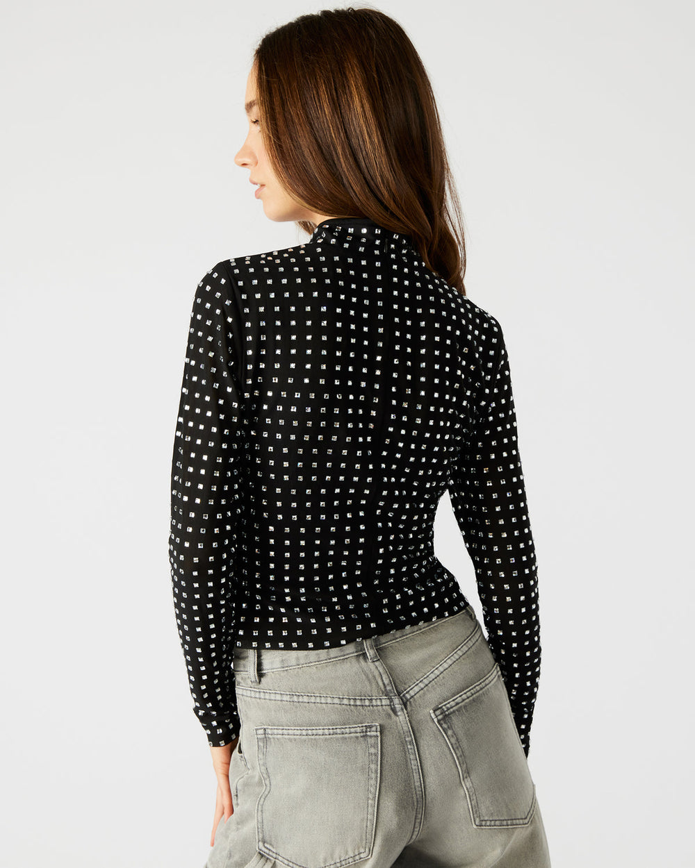 MELVINA Top Black | Women's Long-Sleeved Mesh Fabric Embellished Top | Steve Madden near me