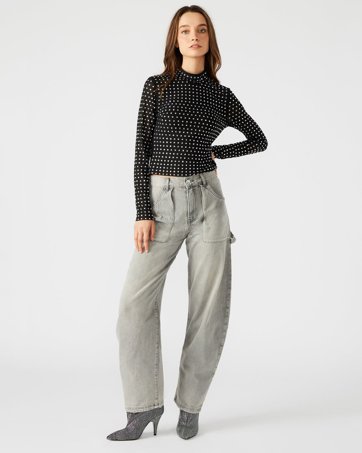 MELVINA Top Black | Women's Long-Sleeved Mesh Fabric Embellished Top | Steve Madden near me
