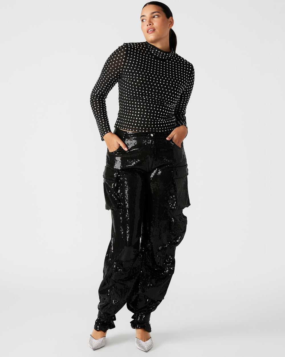 MELVINA Top Black | Women's Long-Sleeved Mesh Fabric Embellished Top | Steve Madden near me