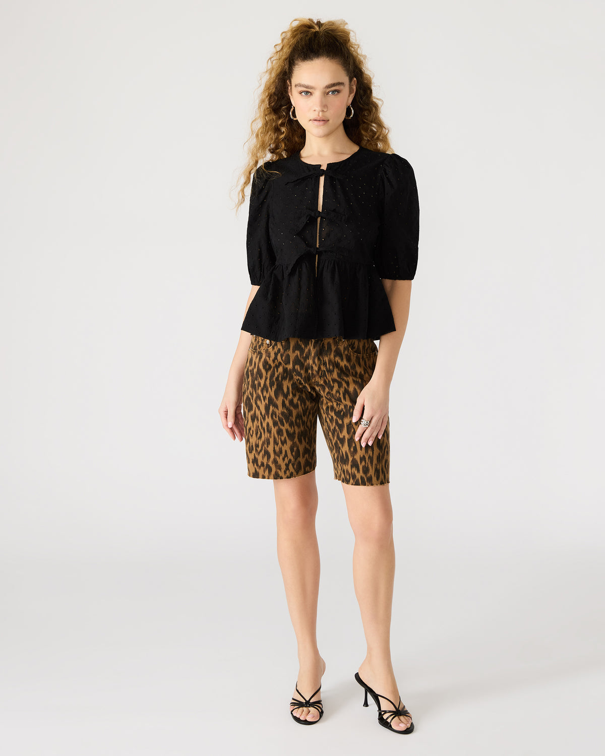 PAULA Top Black Short-Sleeved Tie-Front Eyelet Top | Steve Madden US