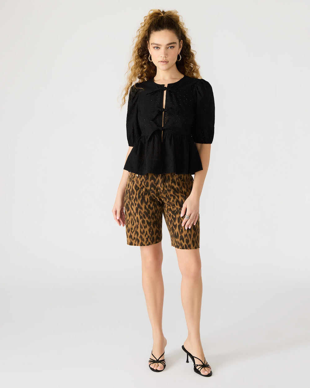 PAULA Top Black Short-Sleeved Tie-Front Eyelet Top | Steve Madden US