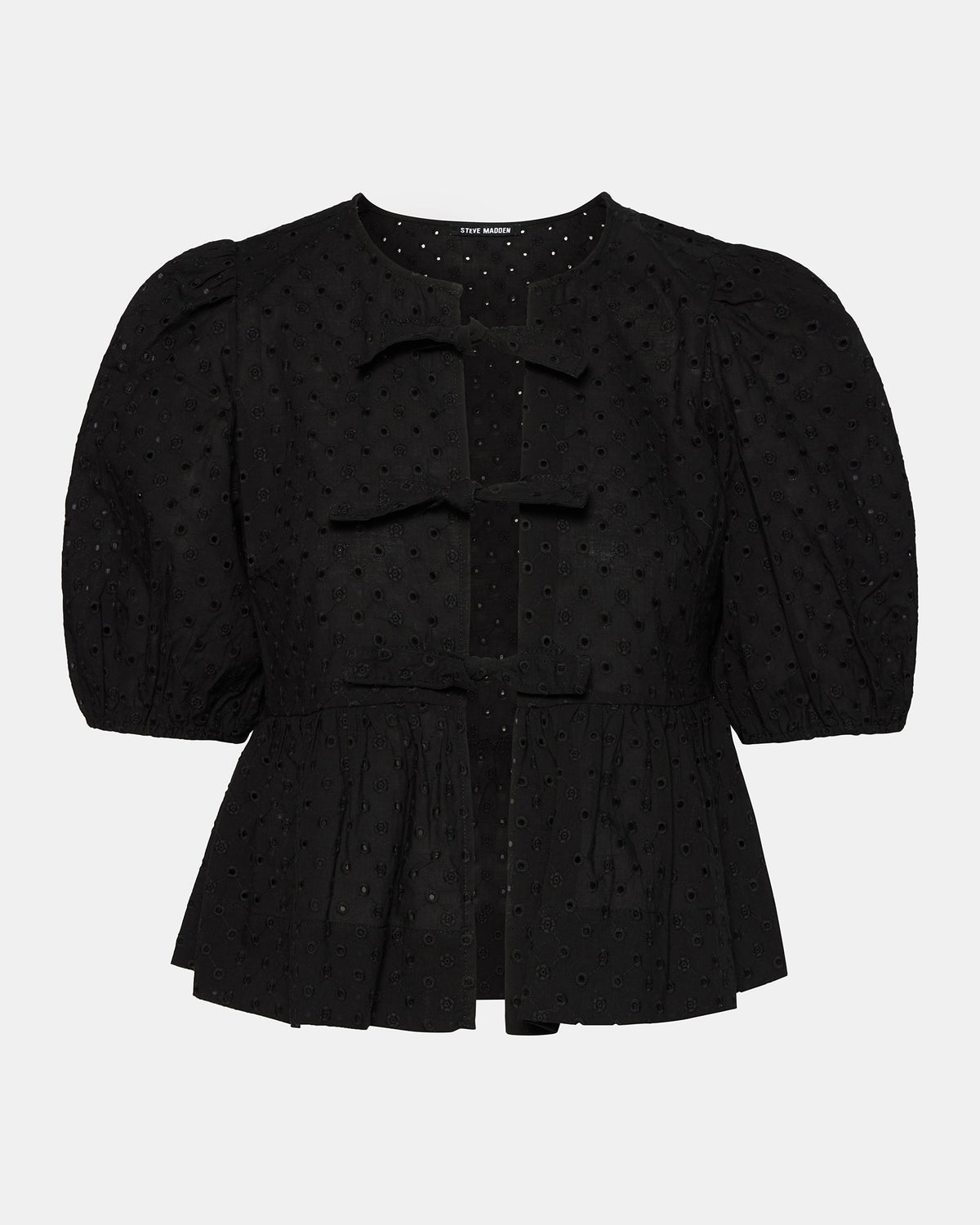 PAULA Top Black Short-Sleeved Tie-Front Eyelet Top | Steve Madden US