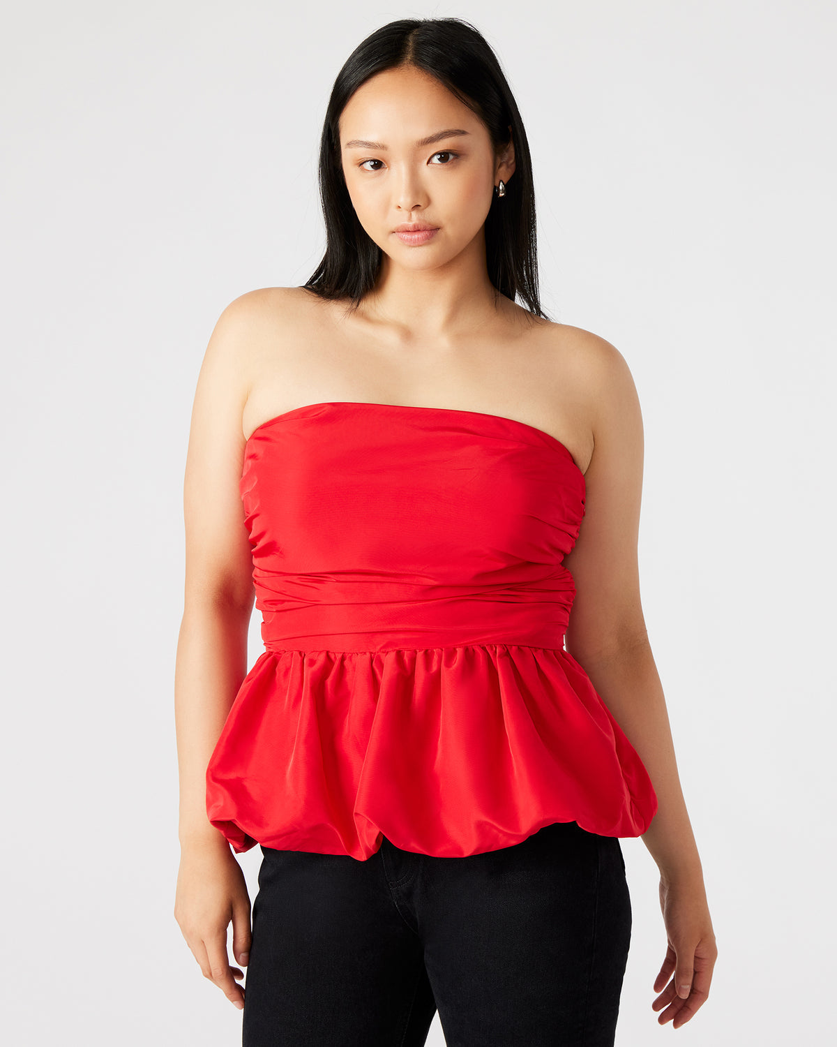 AMARI Top Red | Women's Bubble-Hem Taffeta Strapless Top | Steve Madden Sale