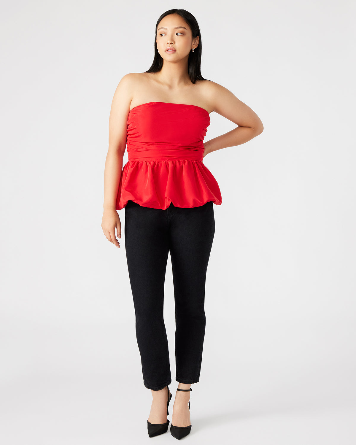 AMARI Top Red | Women's Bubble-Hem Taffeta Strapless Top | Steve Madden Sale