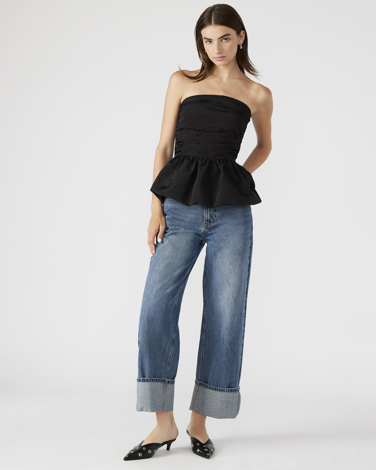 AMARI Top Black | Women's Bubble-Hem Taffeta Strapless Top | Steve Madden for Sale