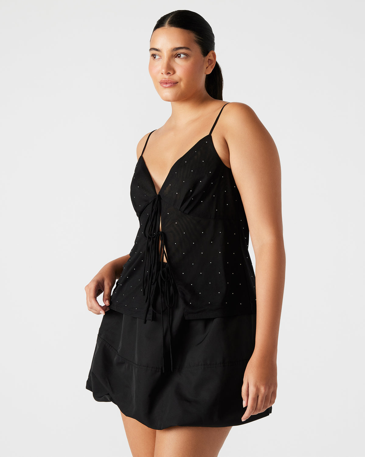 INDY Top Black | Women's Tie Fastening Rhinestone Camisole Tank Top | Steve Madden online