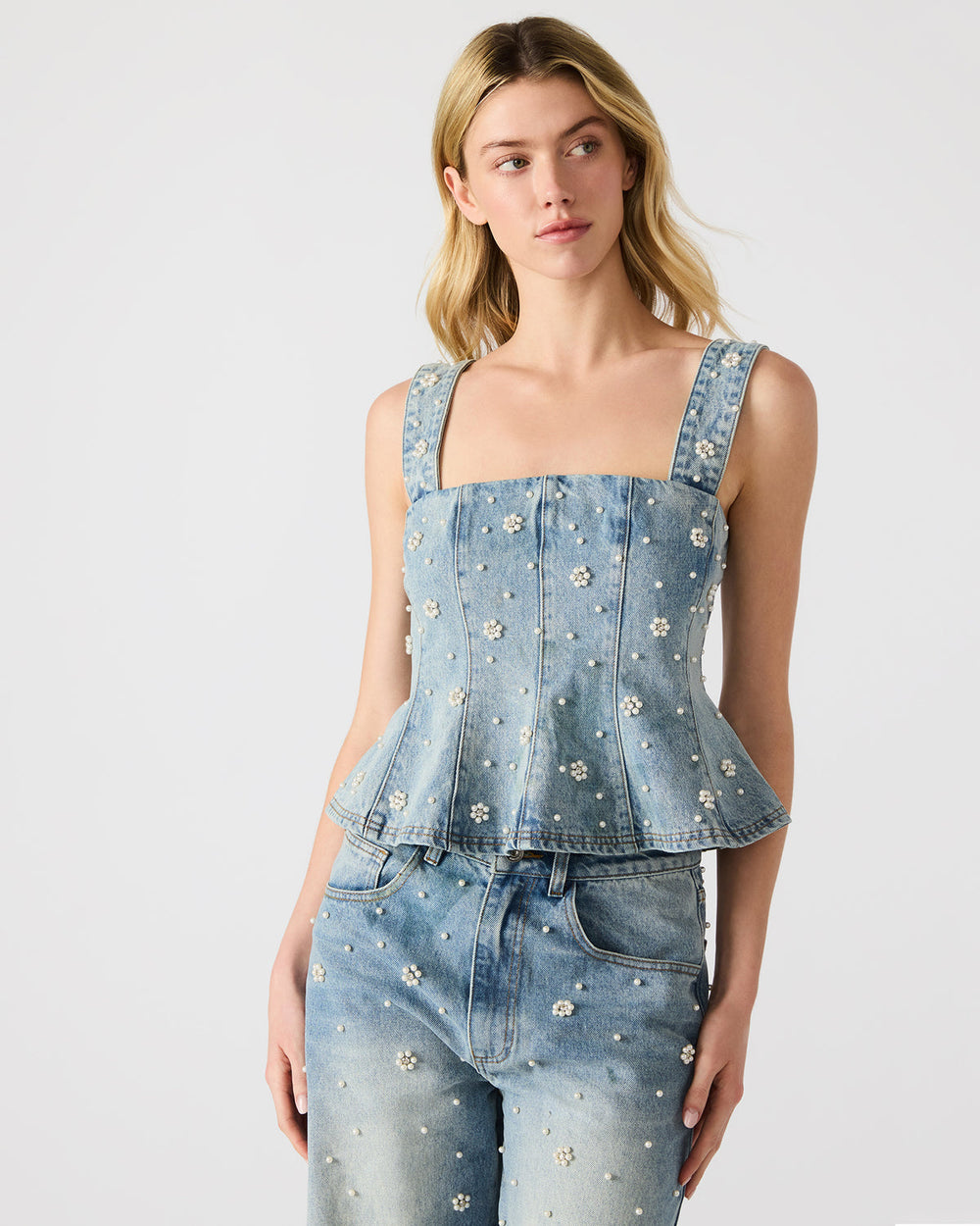 PENELOPI Denim Ruffle Fabric Pearl Embellished Women's Tank Top | Steve Madden US