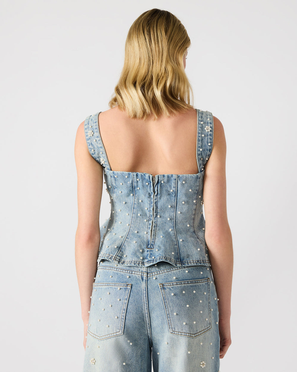 PENELOPI Denim Ruffle Fabric Pearl Embellished Women's Tank Top | Steve Madden US