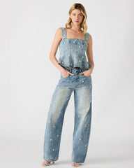 PENELOPI Denim Ruffle Fabric Pearl Embellished Women's Tank Top | Steve Madden US