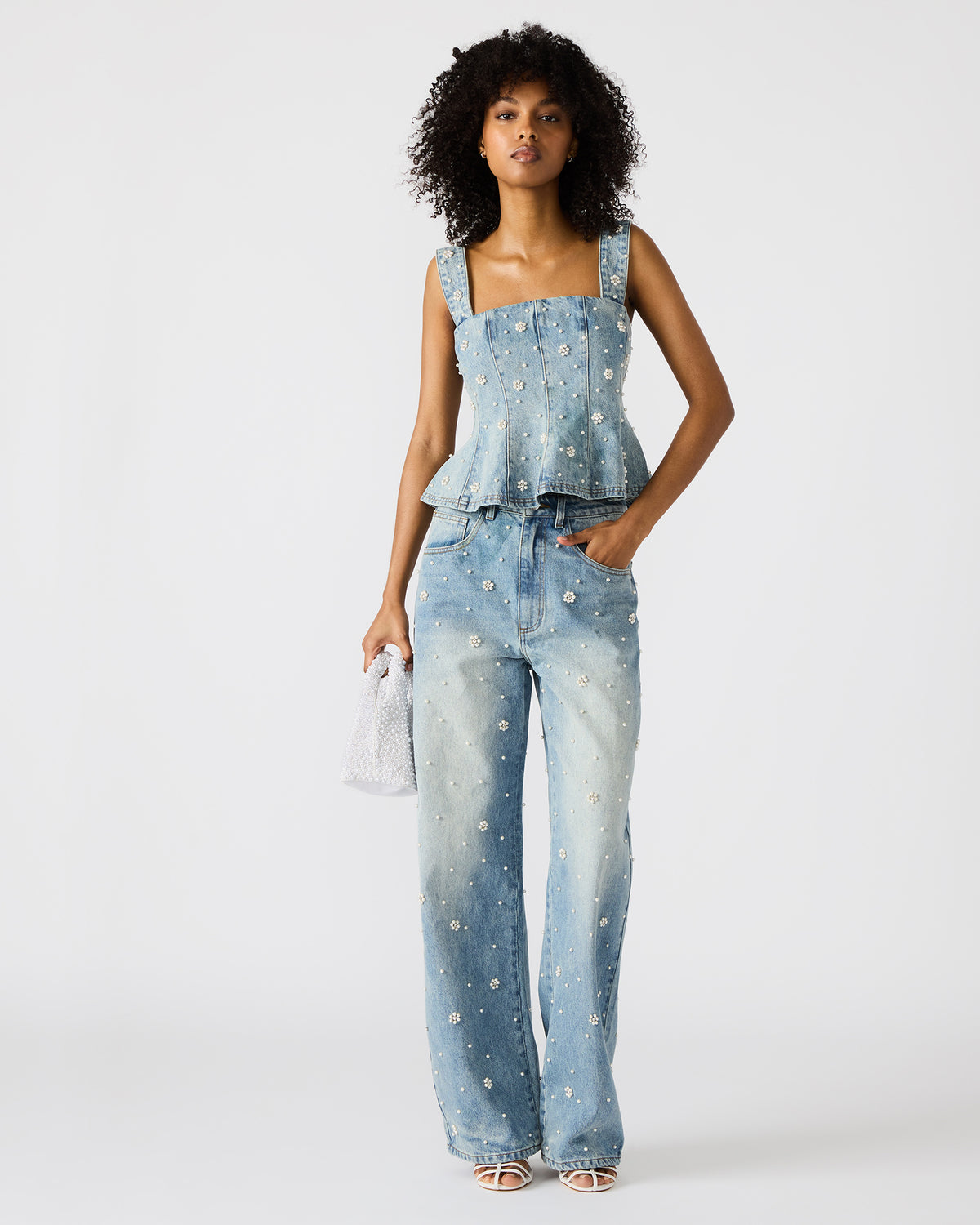PENELOPI Denim Ruffle Fabric Pearl Embellished Women's Tank Top | Steve Madden US