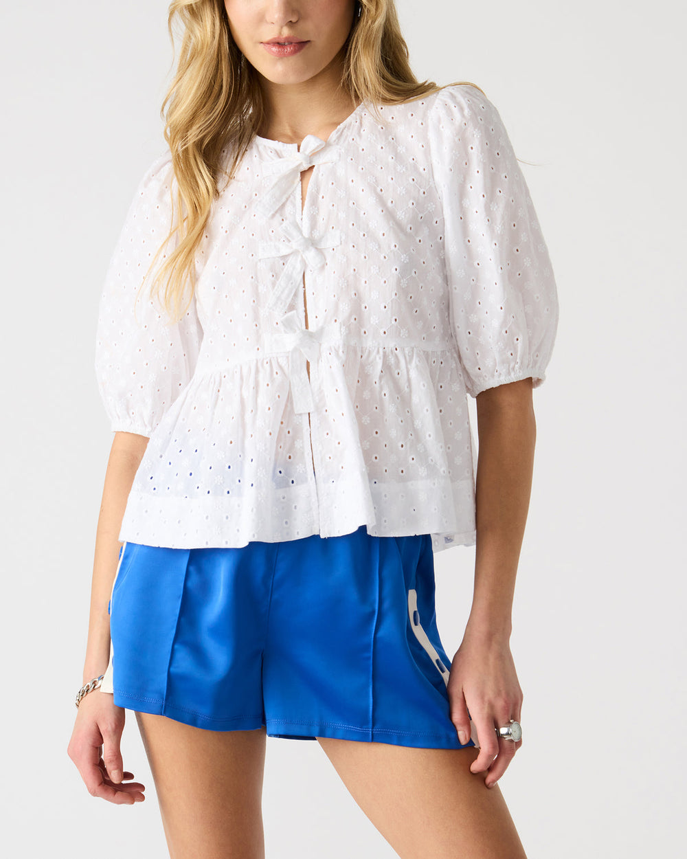 PAULA Top White Short-Sleeved Tie-Front Eyelet Top | Steve Madden Sale
