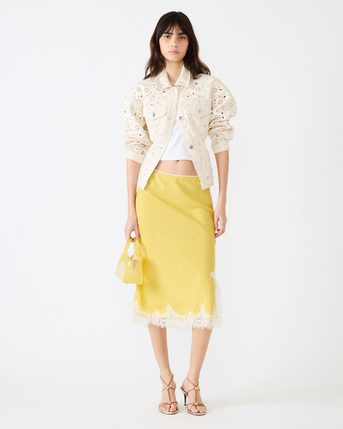 CINTHIA Golden Lime Lace Trime Women's Midi Skirt | Steve Madden US